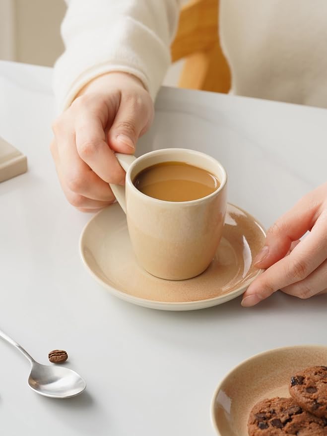 famiware Glacier Espresso Cups with Saucers Set of 4, 3oz Espresso Cup Set, Coffee Mug Set for Latte, Macchiato, Stoneware Demitasse Cups Set for Cafe, Microwave&Dishwasher Safe, Honey Beige