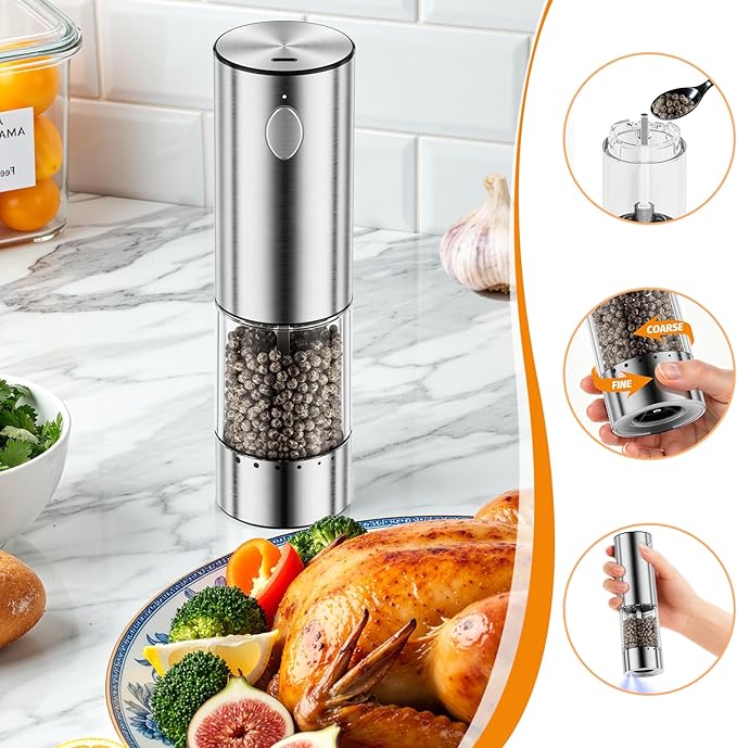 HomeHacks Upgraded Larger Capacity Electric Salt and Pepper Grinder Set, Rechargeable Type-C with LED Light, Stainless Steel Automatic & 6 Adjustable Coarseness, Ideal as Mothers Day Gifts