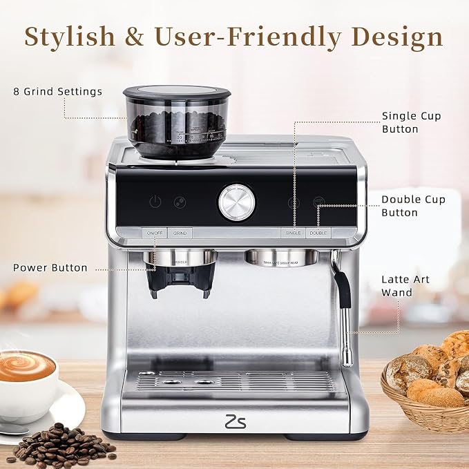 GarveeHome Espresso Machine With Grinder, 20 Bar Semi-Automatic Espresso Coffee Maker With Milk Frother Steamer Wand Cappuccino Latte Macchiato, 95 oz Water Tank, Pid Temperature Control-Silver2