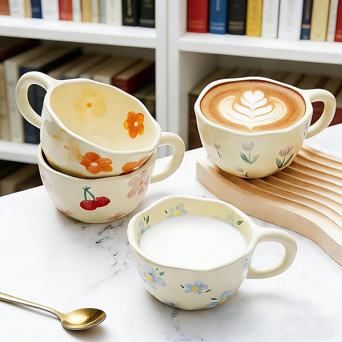 Kawlity 4 Styles Vintage Flower Mugs, 8oz Ceramic Coffee Mug Set with Spoon, Aesthetic Floral Cute Tea Cups with Handles, Porcelain Floral Mugs for Coffee Milk Juice Slushies Oats