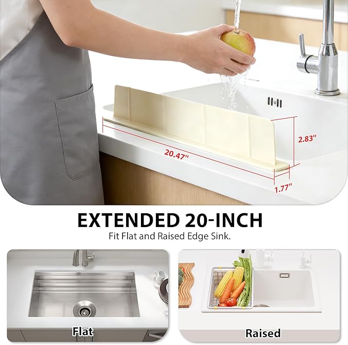 20Inch Silicone Sink Splash Guard with Strong Suction Cups, Flexible Kitchen Sink Splash Guard for Front/Back of Sink, Easy to Clean Splash Guard for Kitchen & Bathroom (White, 20.5''x2.8'')