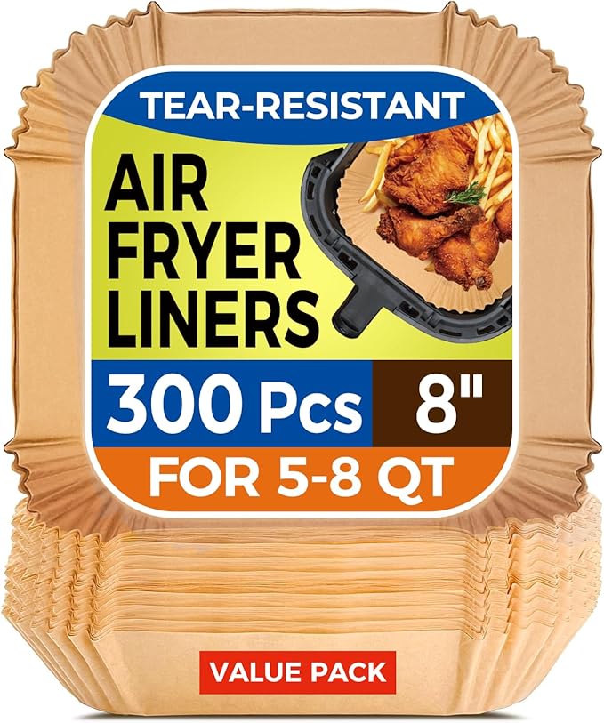 300 Pcs Air Fryer Paper Liners, 8" Square Air Fryer Liners Disposable, Heavy-duty Parchment Paper for 5-8 qt Airfryer Basket, Non-Stick & Grease Proof Baking Liner for Oven Pan