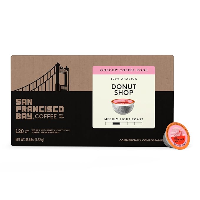 San Francisco Bay K-Cup Coffee Pods, Donut Shop (120 ct), Medium-Light Roast, Commercially Compostable Single-Serve Coffee Pods