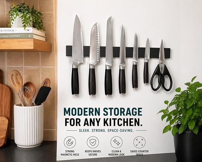 Magnetic Knife Holder 16 Inch Black for Wall or Fridge, 304 Stainless Steel Knife Strip, No Drill Adhesive Rack, Strong Magnetic Kitchen Organizer, Premium Gift by Pampavanna