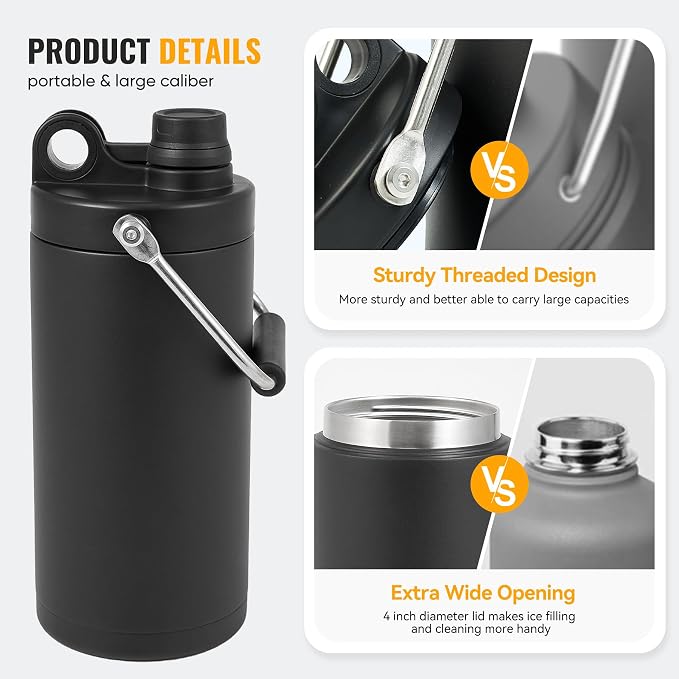Kerilyn Insulated Half Gallon Jug with Handle, 64oz Stainless Steel, Large Double Vacuum Water Bottle for Hot & Cold Drinks, Wide Mouth, Sweat Proof, Great for Travel, Camping, Black