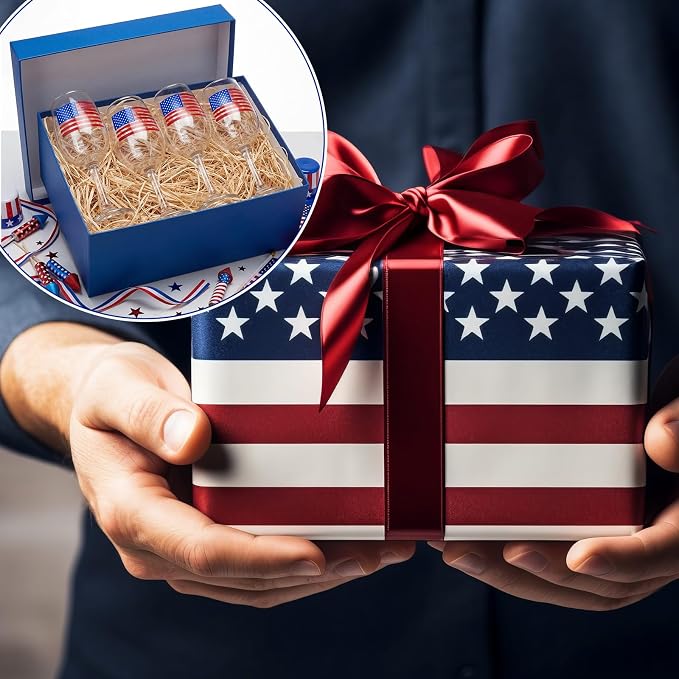 SiliFine 4 Pcs 4th of July Patriotic Party Stemmed Wine Glasses Hand Painted American Flag Drinking Cup Wine Glasses Gifts for Independence Day Theme Holiday Party Supplies
