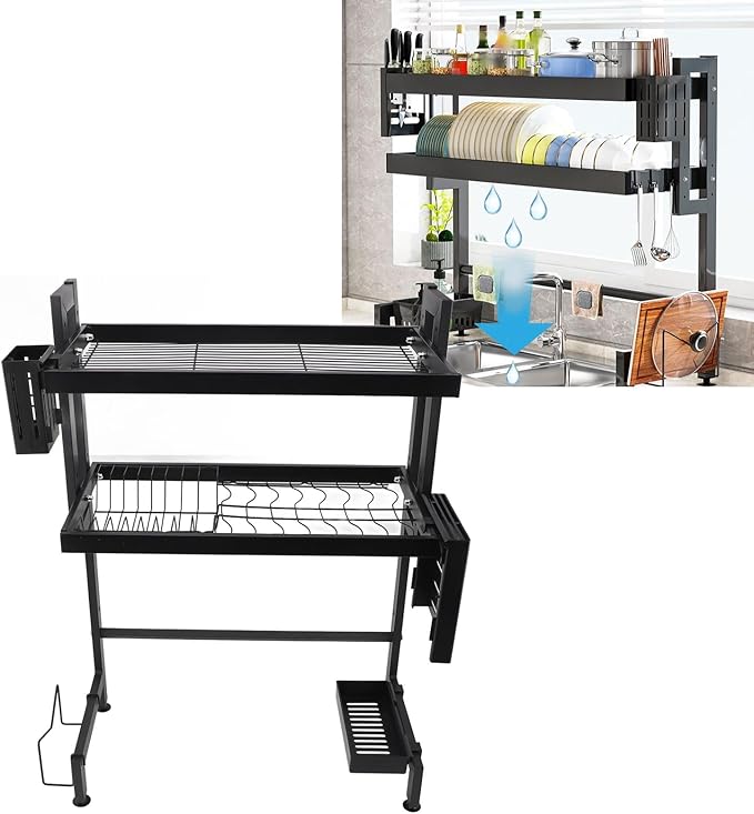 Over Sink Dish Rack Large Capacity Metal Thickened Countertop Dish Drying Shelf 55cm - Foldable Design, Space Saving, Stable Carbon Steel Construction for Kitchen (Double Layer)