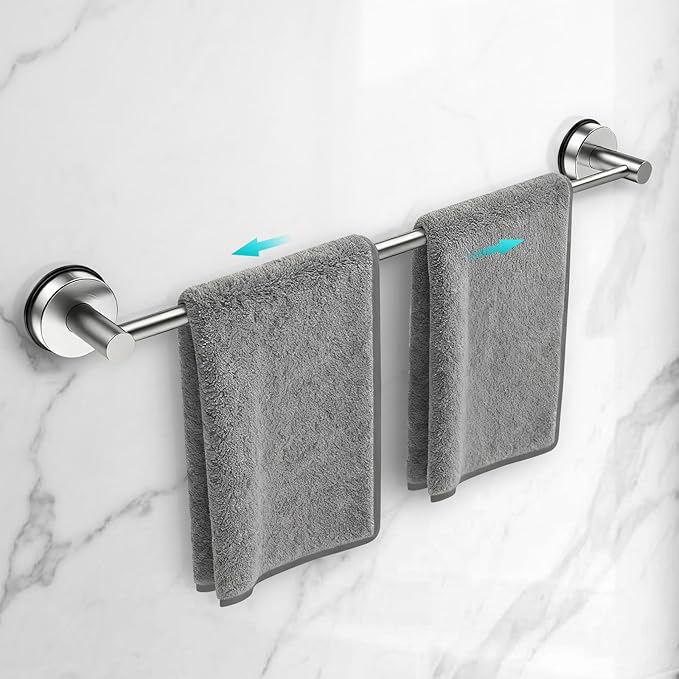 Adjustable Suction Cup Towel Bar for Bathroom Wall,17 Inch~29 Inch Towel Racks for Bathroom,Stainless Steel Bath Towel Holder for Shower(Brushed Silver)
