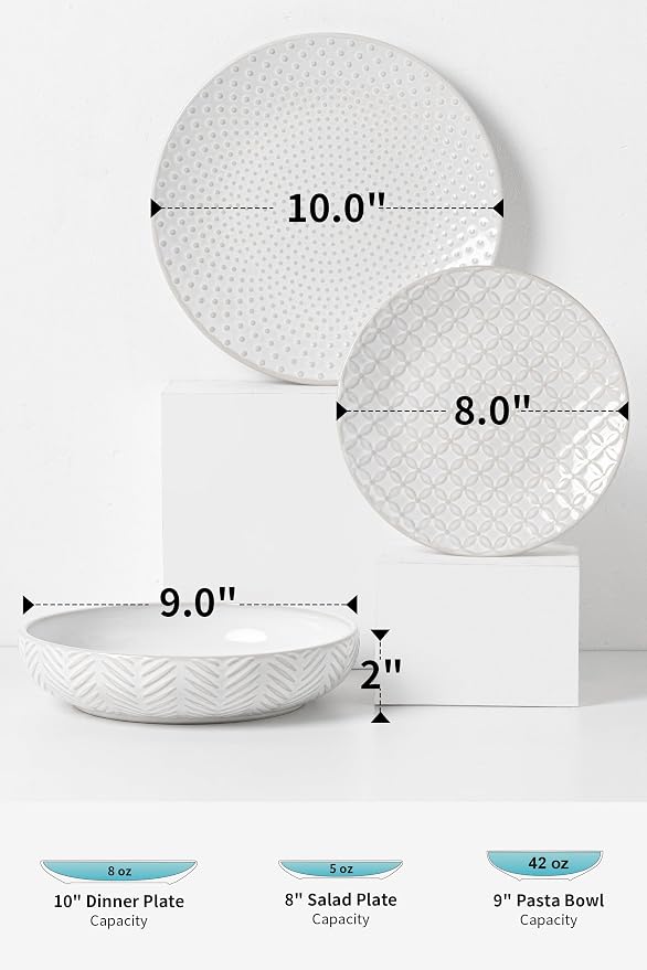 FOBENTA 24-Piece Embossed Ceramic Dinnerware Set–8 Dinner Plates, 8 Salad Plates, 8 Pasta Bowls,Elegant & Durable Tableware for Large Families, Dishwasher & Microwave Safe