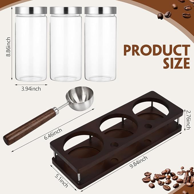 Suclain 3 Pcs 44 oz Glass Coffee Grounds Container with Shelf Glass Coffee Bean Storage Canisters with Airtight Lid and Measuring Spoon Food Storage Jars for Kitchen Sugar (Artsy Style)