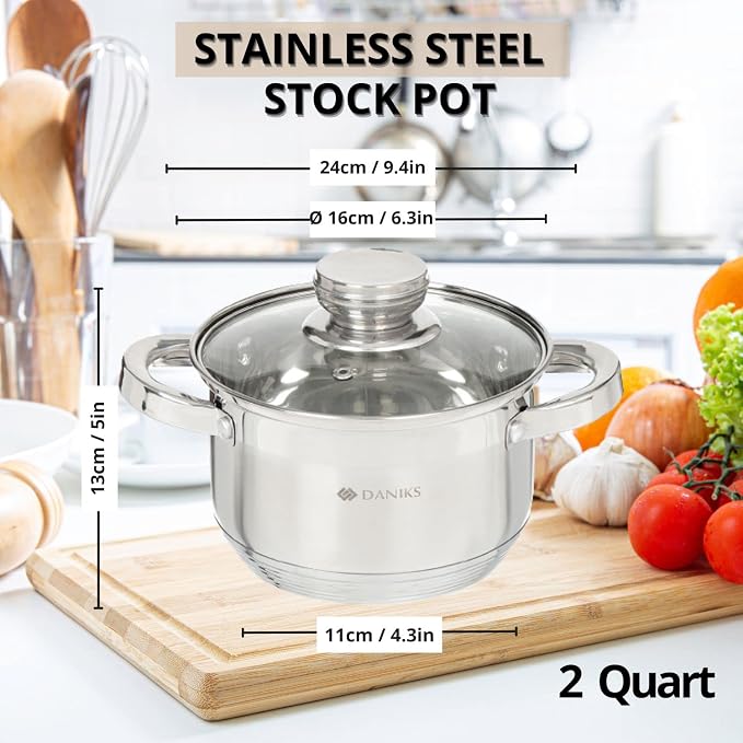 Daniks Standard 2 Quart Stainless Steel Stock Pot with Glass Lid, Tri-Ply Bottom for Even Heating, Induction Compatible, Dishwasher Safe, Built-In Measuring Scale, Silver
