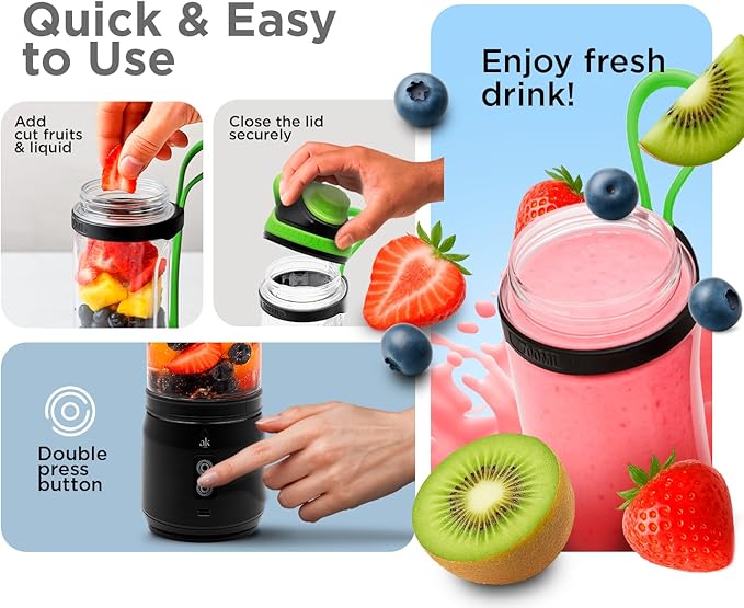 Rechargeable Smoothie Blender 700ml – Portable Mini Travel Blender for Shakes and Smoothies with Six Stainless Steel Blades and USB Charging (Black and Green)