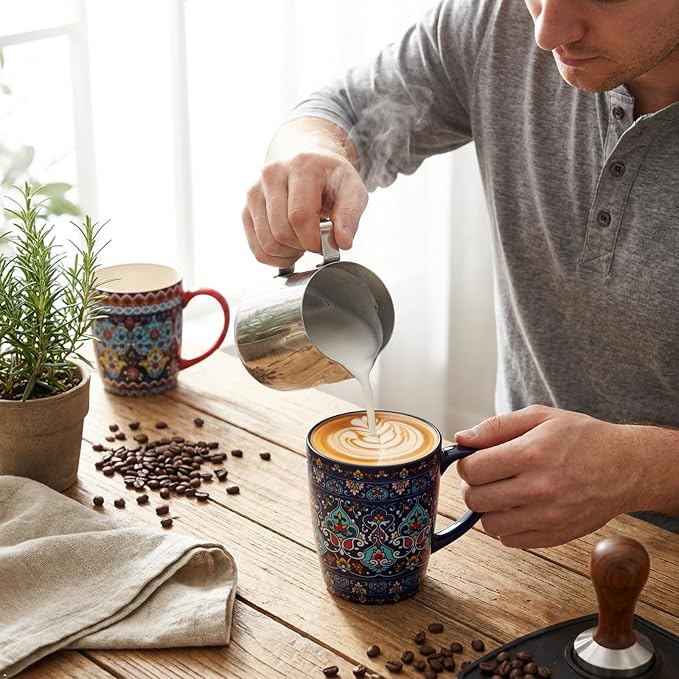 glowworm 16 oz Coffee Mugs Set of 4, Large Ceramic Coffee Cups for Women and Men, Colorful Mugs Set with Handles for Latte, Hot Cocoa, Tea, Dishwasher & Microwave Safe, Bohemian