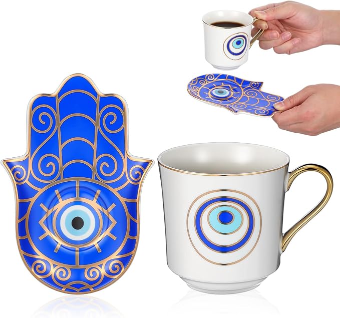 Zerodeko 2-Pack Evil Eye Porcelain Tea Mug Set with Saucer Microwave & Dishwasher Safe Ceramic Cups for Home Office Anti-Scald Handle 4.13X5.90X2.95In Decorative Coffee Cups for Relaxing Tea Time