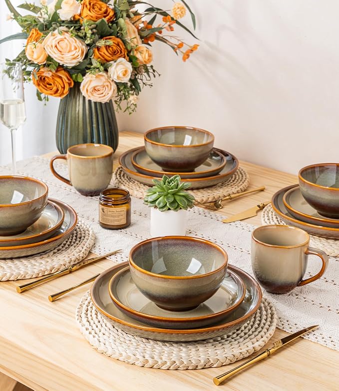 TheTerra Stoneware Dinnerware Sets for 4, 12 Pieces Ceramic Plates and Bowls Sets, Scratch Resistant Dish Set, Oven, Microwave & Dishwasher Safe, Creamy Amber