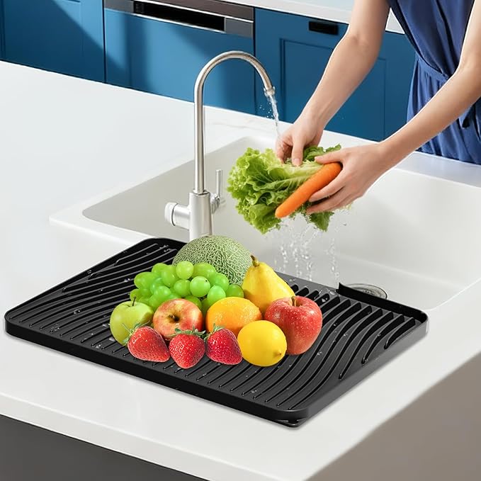 Silicone Dish Drying Mat for Kitchen Counter, Dish Drying Pad, Non-Slip Drain Pad with Built-in Drain, Heat Resistant Stone Drying Mat