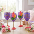 SiliFine 4 Pcs Tulip Party Stemmed Wine Glasses Hand Painted Tulip Flower Drinking Cup Wine Glasses Gifts for Mom Grandmother Mother in Law Birthday Holiday Party Supplies