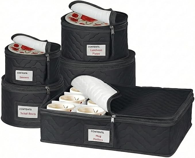 China Storage Containers 5-Piece Set Moving Boxes for Dinnerware, Glasses, Plates, Mugs and Saucers Sturdy Quilted Microfiber Dish Organizer with Dividers for Seasonal Storage - Holds Set of 12, Black