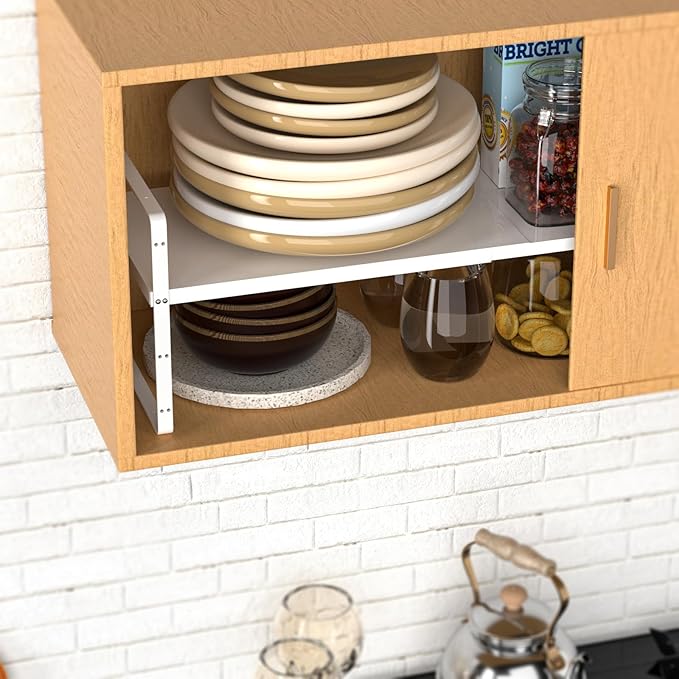 SANNO Expandable Cabinet Shelf Organizer,Spice Rack Adjust Height Large Kitchen Cupboard Organizer Stackable Counter Shelf Expandable Shelves, Counter Pantry, White,3 Pack