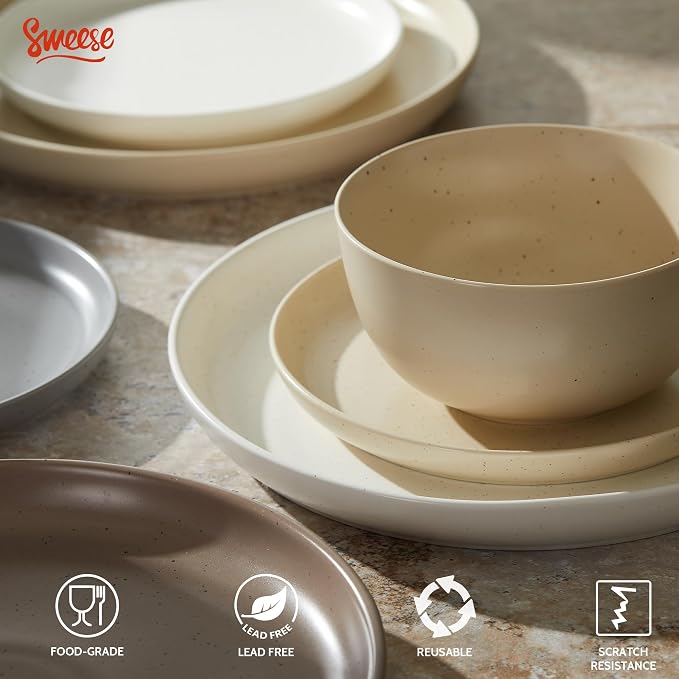 Sweese Dinnerware Sets Service for 4, 12 pcs Matte Speckled Glaze Plates and Bowls Sets, Handmade Ceramic Dish Set, Highly Chip and Crack Resistant Modern Plate Set, Multi-color