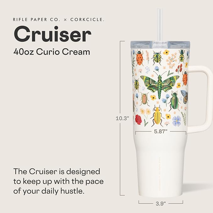 Corkcicle x Rifle Paper Co. Cruiser Insulated Tumbler with Handle & Straw - Keeps Drinks Cold 20 Hours - BPA-Free - Gift for Mom - Great for Mother's Day or Christmas - 40 oz - Curio Cream