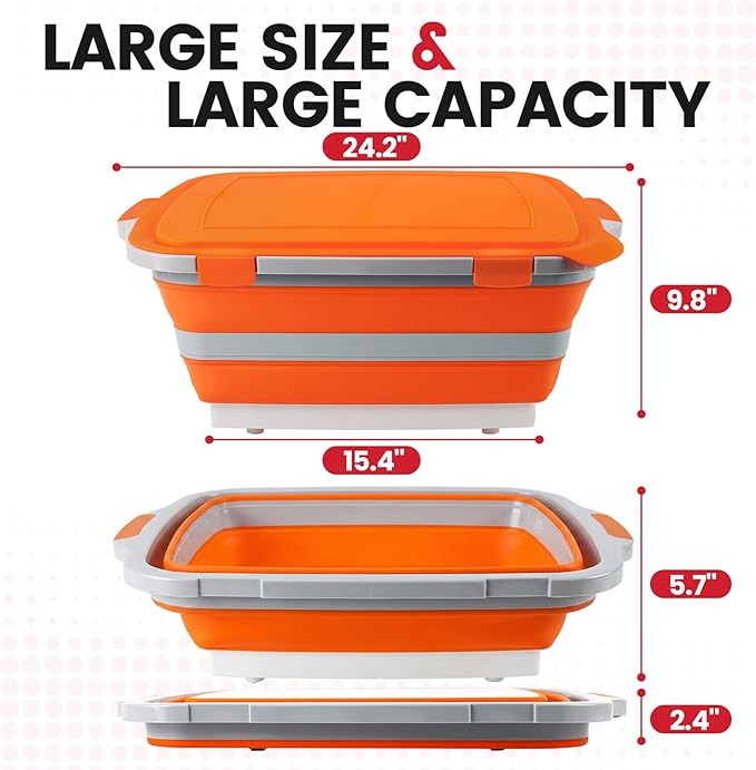 BBQ Prep Tub 3-IN-1 Large 30L Collapsible Cutting Board with Locking Lid for Meal Prep Marinating Food, Camping Sink with Colander, Dish Basin, Storage Blanket for Camping Picnic BBQ, Orange