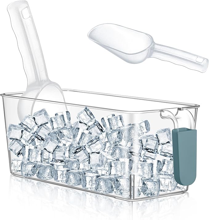 Havawish Ice Bin and Flexible Scoop Set Plastic Freezer Ice Bin with Pull out Handle Storage Bucket Clear for Container with Bucket Scoop(Dark Blue, Clear,10.83 x 4.92 x 4.33 in)