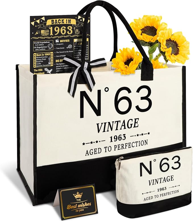 YeohJoy 63rd Birthday Gifts for Women Canvas Tote Bag Travel Gear, Unique 63 Years Old Gifts for Wife Mom Sister Aunt Friends Her, Vintage N°63 Handbag & Cosmetic Bag & Back in 1963 Poster