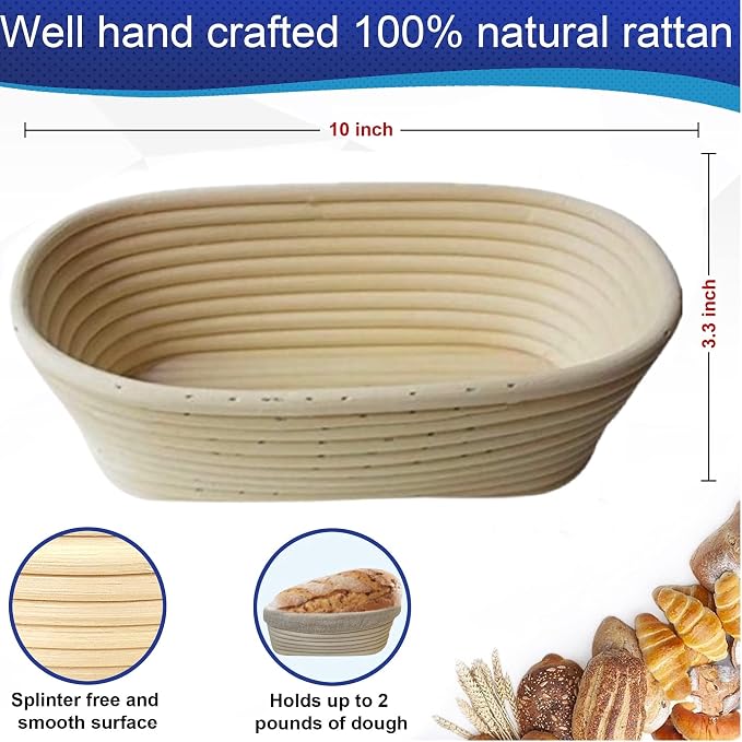 10inch Oval Banneton Proofing Basket Set Bread Baking Kit, Dough Scraper, Bread Lame, Danish Dough Whisk Sourdough Proofing Basket Artisanal Bread Making Tools and Supplies Set