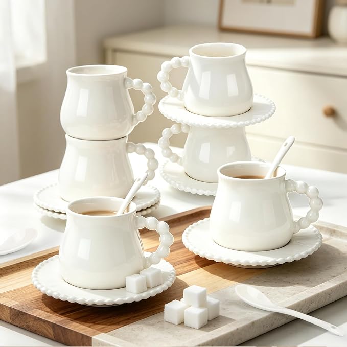 Espresso Cups with Set of 6 Saucers and Spoons, 8 oz Porcelain Coffee Cup Mugs for Latte, Au Lait, Flat White, Mocha, Tea, Elegant Tea Mugs Set, Dishwasher & Microwave Safe