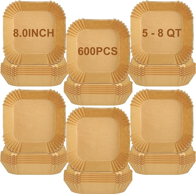 600 Pieces Air Fryer Paper Liners Disposable, 8 Inch Square Parchment Paper Liners for Air Fryer Basket, Non-Stick Airfryer Liners for 5-8QT Air fryer, Baking, Roasting and Microwave