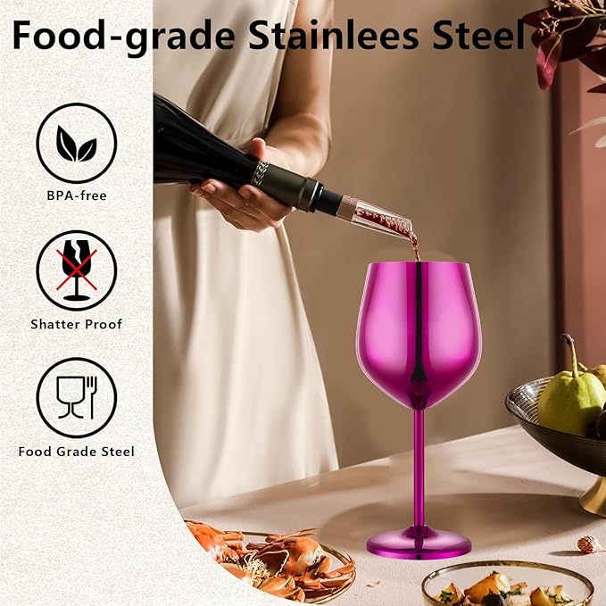 UNISWEET Stainless Steel Wine Glasses Set of 4 Unbreakable Wine Glass 18 oz Unique Metal Wine Goblets for Outdoor, Travel, Camping, Pool, Ideal Gift for Wine Lovers (Purple)