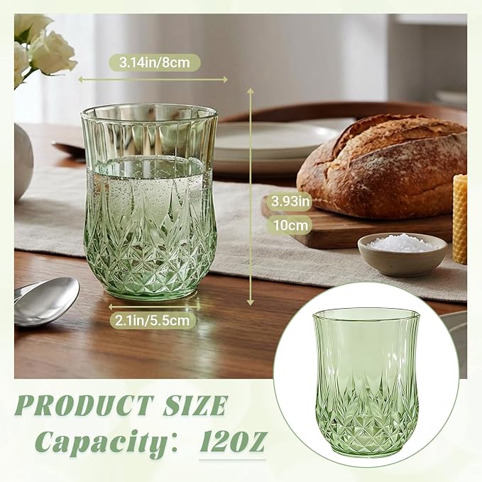 40 Pack Plastic Stemless Wine Glasses,12oz Unbreakable Vintage Elegant Drinking Glass Set,Reusable Fancy Cocktail Cups for Party, Wedding, and Bulk Events (40, 12oz-Sage Green)
