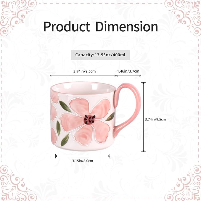 KAMMAK Ceramic Coffee Mug, 13.5oz Pink Mugs Set of 2, Novelty Cup for Tea, Juice, Milk, Cute Porcelain Water Cups with Handle for Women, Dishwasher and Microwave Safe