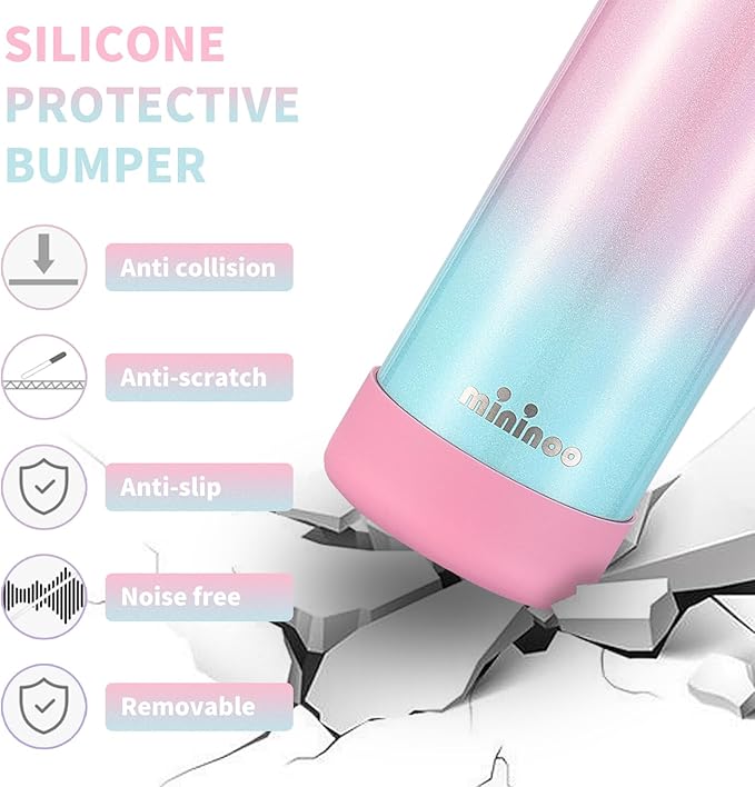 Mininoo Kids Water Bottle for School - 16 oz Stainless Steel Insulated Water Bottle with Ceramic-Lined, Leakproof Straw Lid & Beaded Handle for Girls & Boys