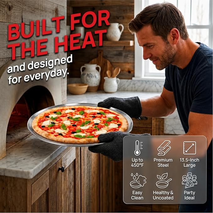 TOPZEA 4 Pack Stainless Steel Pizza Pan, 13-1/2 Inch Round Pizza Tray for Oven, Durable Crisper Pans Baking Sheet Food Appetizer Serving Plate for Pie, Cookie, Dishwasher Safe