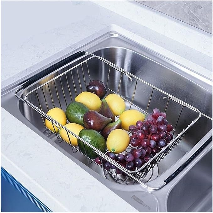 Stainless Steel Dish Drying Rack Over Sink - Kitchen Drainer Basket for Fruits, Vegetables, and Utensils