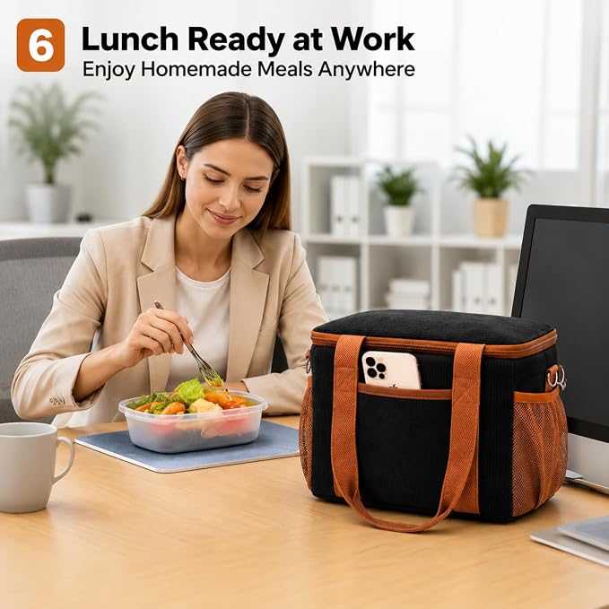 BTOOP Insulated Lunch Box for Women, Cute Corduroy Lunch Bag with Shoulder Strap, Leakproof Wide-Open Lunch Tote for Work, Office, School, Picnic Brown Black
