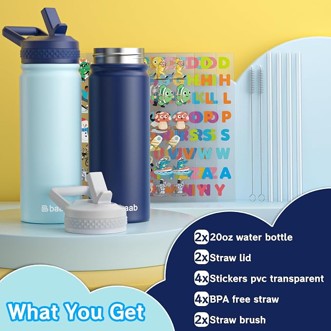 baab 20oz kids Water Bottle, Insulated Water Bottle with Straw & Stickers, 18/8 Stainless Steel Vacuum Leakproof kids Water Straw Cup for School, Perfect for Boy Girl (Navy Blue+Light Blue, 2 Pack)