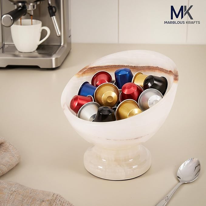 Marblous Krafts White Onyx Marble Coffee Pods Holder for Counter 7 Inch Espresso Accessories Storage Bowl, Pod Organizer, Coffee Bar Decor, Stone Kitchen Countertop Holder & Decorative Bowl for Fruit