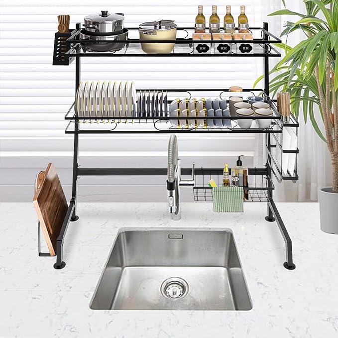 2-Tier Over Sink Dish Drying Rack Cutlery Drainer Kitchen Shelf Cup Organizing 25.6*11.02*32.28in, for Storing Seasonings, Dishes, Chopsticks, Cutting Boards, Knives, Forks, Soaps, Sponges