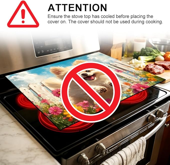 Stove Top Cover for Electric Stove 28.35 x 20.47 Inch Non Slip Stove Mat Pomeranian Puppy Floral Glass Cooktop Protector Kitchen Counter Mat