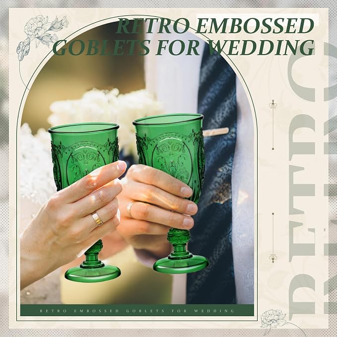 Wiwiqing 6 Pcs Plastic Goblets 7.5oz Vintage Goblet Plastic Wine Glasses Colored Retro Embossed Water Goblets for Wine Bar Juice Baby Shower Wedding Reception Grand Event Party (Dark Green)