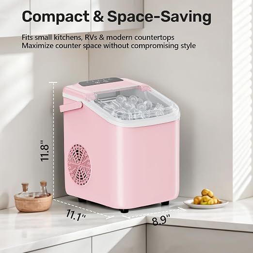 OLIXIS Countertop Ice Maker with Self-Cleaning, Portable Ice Maker Machine with Scoop, 26Lbs/24H, 9 Cubes in 6 Mins, 2 Sizes of Bullet for Home, Kitchen, Office, Pink