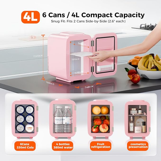 OSTBA Mini Fridge, 4 Liter/6 Can Mini Makeup Fridge, 110V AC/ 12V DC Portable Thermoelectric Cooler&Warmer for Skincare, Drink, Cosmetic, Medicine, Small fridge for Bedroom, Office, Dorm, Car, Pink