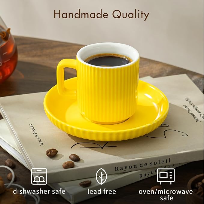 2.5OZ Mini Espresso Cups Set of 4, Yellow Ceramic Demitasse Espresso Mugs with Saucers, Small Coffee Cups for Single/Double Espresso Shots