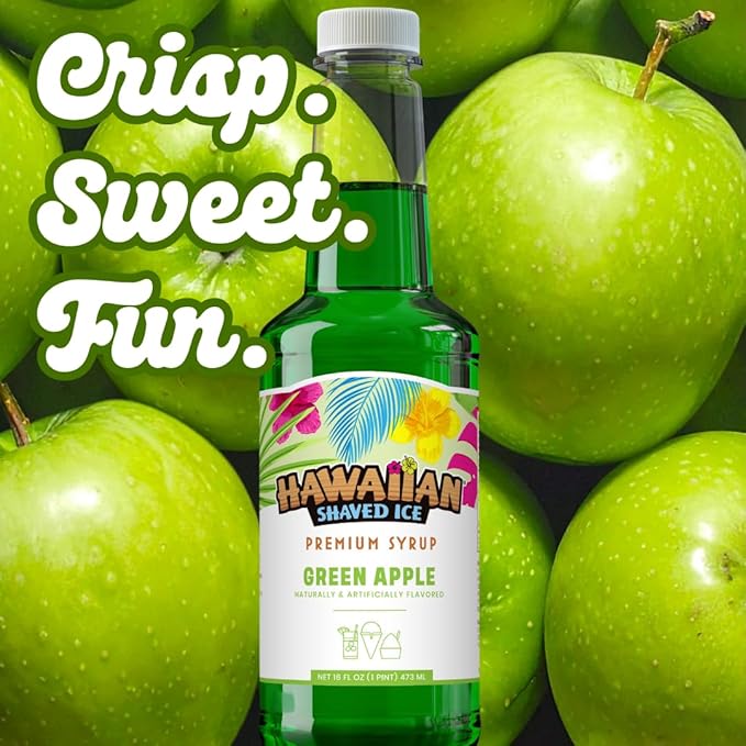 Hawaiian Shaved Ice Green Apple Syrup - Nut Soy Dairy Free - Flavor Fluffy & Crunchy Snow Cones - Shelf Stable - Makes 8 Servings - 16 ounces
