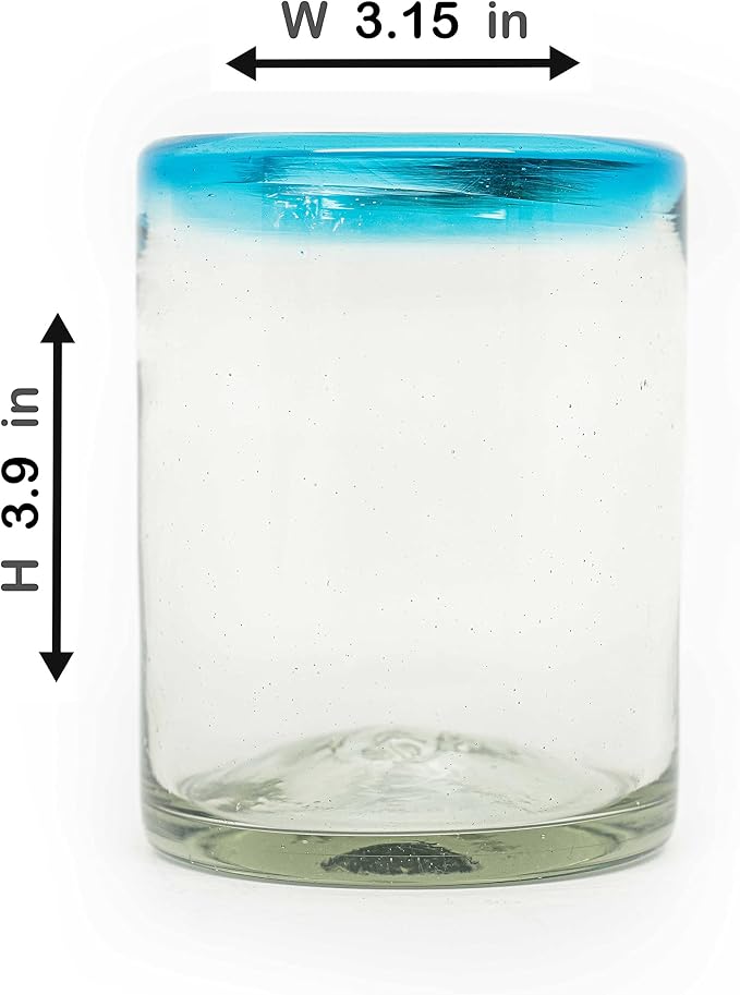 Set of 6 Hand-Blown Tumbler (10 oz) Glasses from Mexico with Aquamarina Rim - Rustic & Handcrafted Recycled Bubble Glass Drinking Glassware
