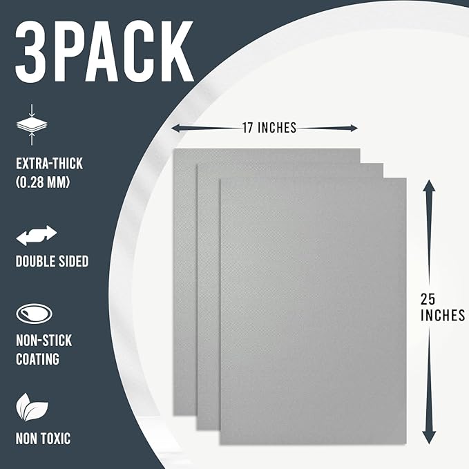 Non Stick Oven Liners for Bottom of Oven, 3 Pack Large Heavy Duty Mats, 17” x 25” BPA and PFOA Free Reusable Mat for Toaster Electric Gas Stove Microwave Charcoal or Gas Grills (Silver)