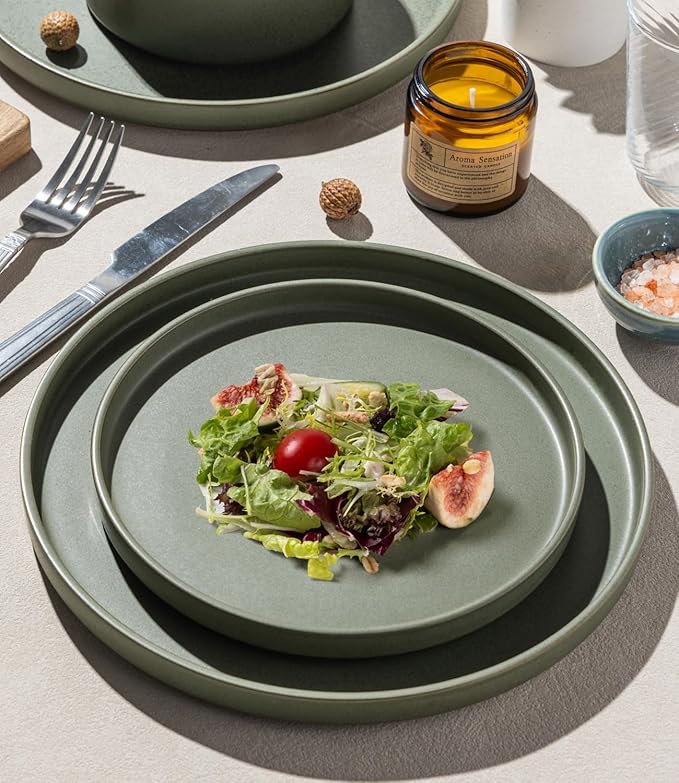 LERATIO Ceramic Dinnerware Sets for 4, High Edge Stoneware Plates and Bowls Set, Chip and Crack Resistant | Oven & Dishwasher & Microwave Safe Dishes Set, Service for 4 -Green